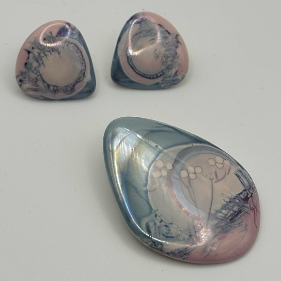 Source Unknown Jewelry - Artistic Pink and Blue Ceramic Brooch and Earrings Set